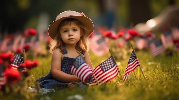 Une petite fille pendant le Memorial Day avec des drapeaux américains.