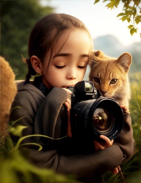 Une petite fille photographe avec un chat