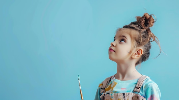 Une petite fille avec un pinceau à la main regarde une toile blanche elle porte une chemise bleue et ses cheveux sont en bouillon
