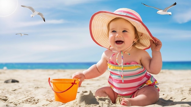 Une petite fille sur la plage de sable