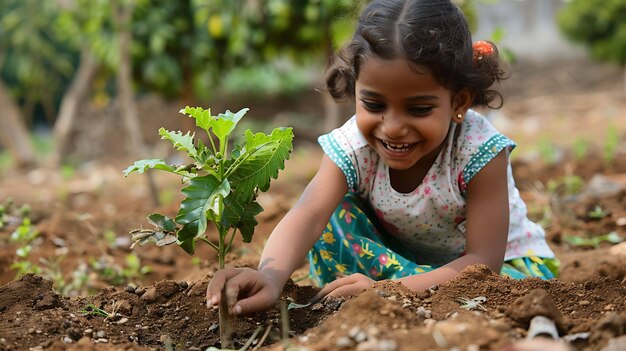 Photo une petite fille plantant un arbre dans le sol et souriant