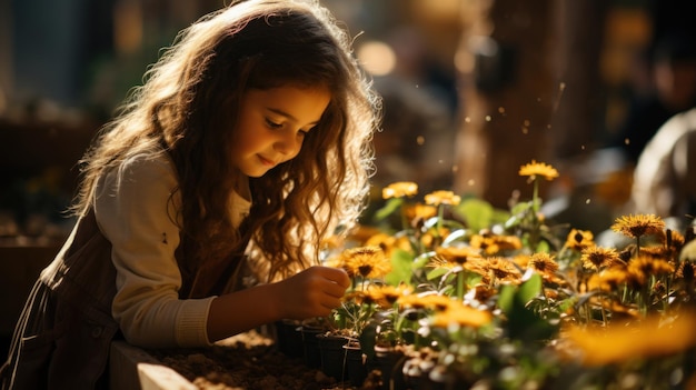 Petite fille plantant des fleurs dans le jardin à l'heure d'or