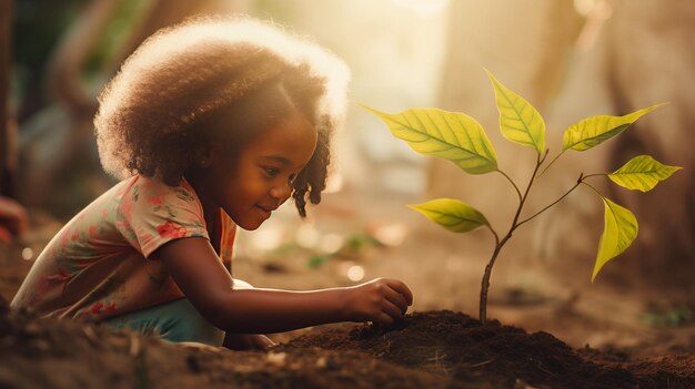 Photo une petite fille plante soigneusement un jeune arbre dans un jardin ensoleillé, créant une scène réconfortante.