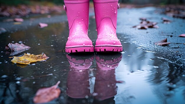 Petite fille portant des bottes en caoutchouc roses sous la pluie AI générative