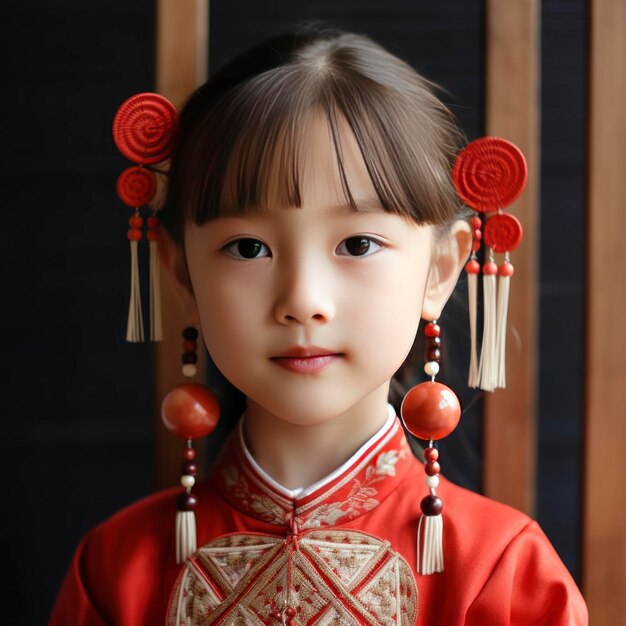 Une petite fille portant des boucles d'oreilles de porcelaine rouge de style coréen tisse des ornements exquis faits à la main