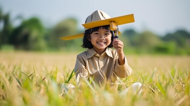 une petite fille portant un chapeau est assise dans un champ avec un avion sur le côté