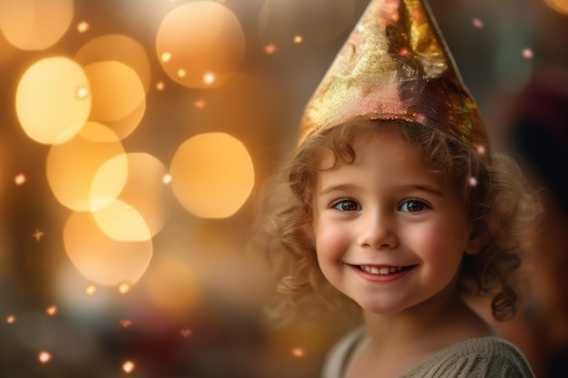 Une petite fille portant un chapeau de fête avec un fond d'or