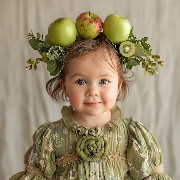 une petite fille portant une couronne de pommes et une pomme verte