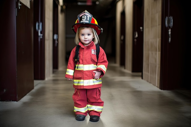 Petite fille portant fièrement un uniforme de pompier symbolisant la bravoure et le courage de ceux qui consacrent leur vie au service des autres Generative AI