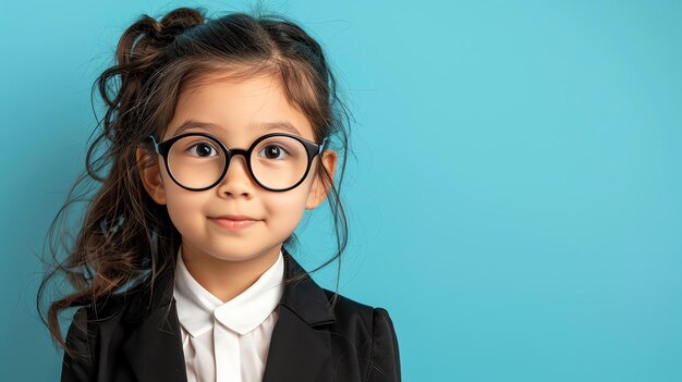 Une petite fille portant des lunettes et un costume regardant la caméra avec une expression confiante