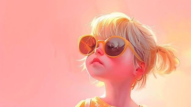 Une petite fille portant des lunettes de soleil jaunes regarde le ciel avec une expression d'espoir.