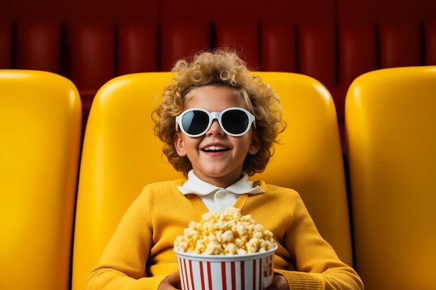 Petite fille portant des lunettes de soleil et tenant un seau de pop-corn au cinéma IA générative