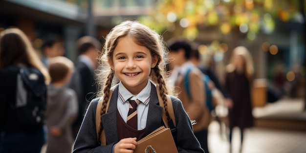 une petite fille portant un sac à dos et tenant des livres va à l'école