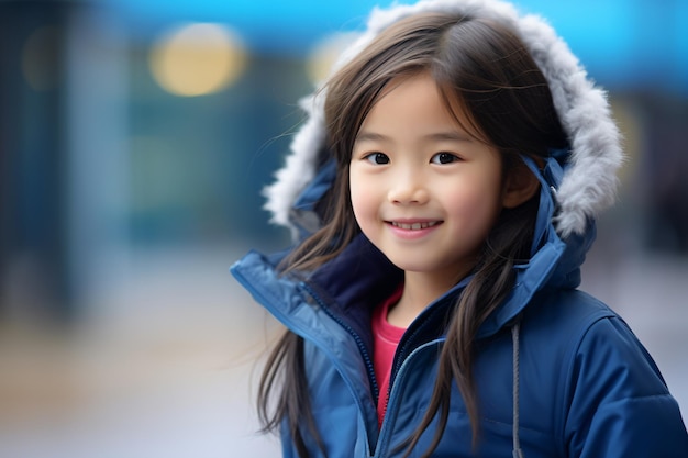 une petite fille portant une veste bleue et une capuche blanche
