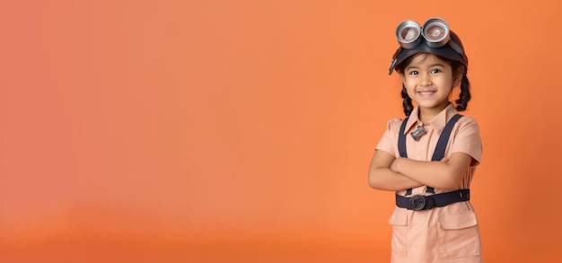 Une petite fille portant des vêtements d'ingénieur avec un casque de sécurité se tient devant un fond orange