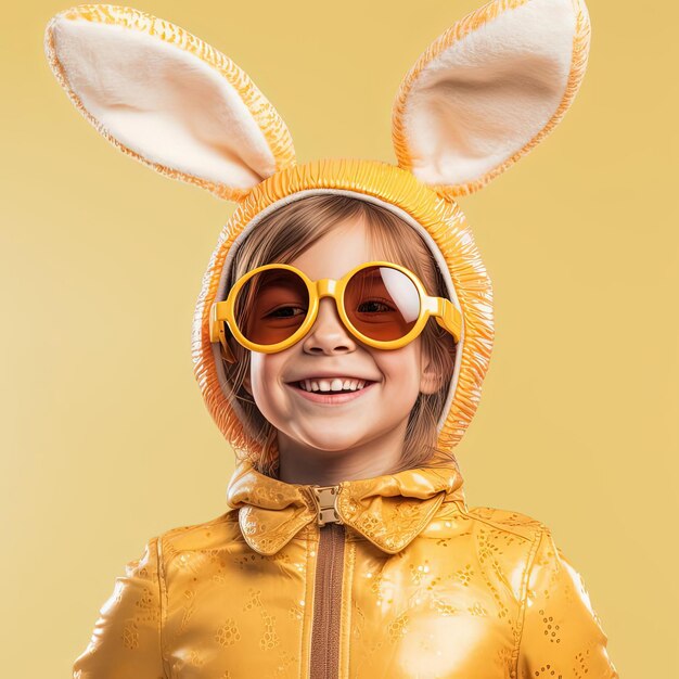 Photo une petite fille porte des lunettes de soleil et des oreilles de lapin dans le style brun clair et jaune