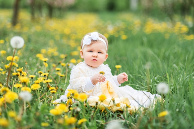 Petite fille sur le pré avec des pissenlits, bébé heureux parmi les pissenlits.