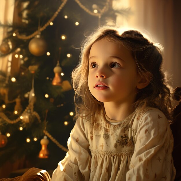 Petite fille près de l'arbre de Noël