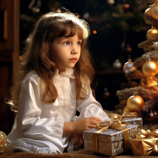 Petite fille près de l'arbre de Noël