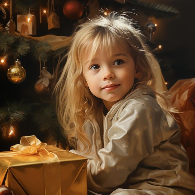 Petite fille près de l'arbre de Noël