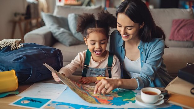 Photo petite fille prête à partir en vacances mère avec fille examinant une carte