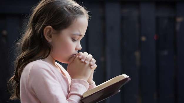 Une petite fille prie avec une sainte bible.