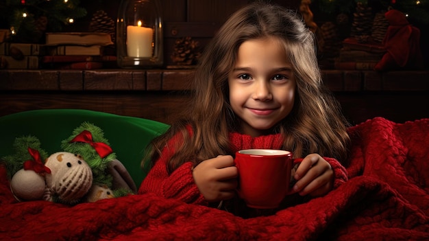 Une petite fille avec un pull confortable boit une tasse de boisson chaude pendant les vacances de Noël