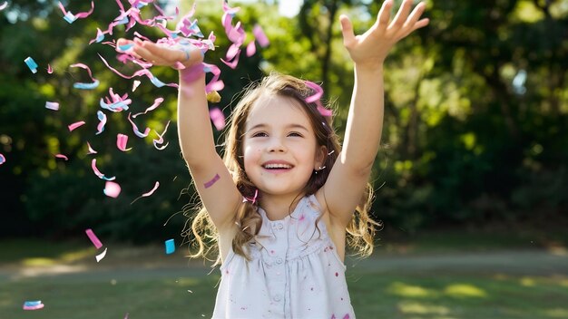 Une petite fille qui jette des confettis en l'air.