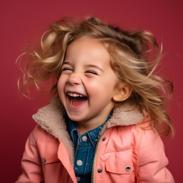 une petite fille qui rit en portant une veste rose