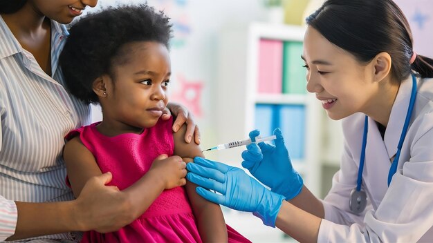 Une petite fille reçoit une injection dans le bras.