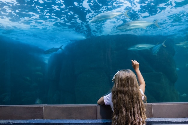 Petite fille en regardant un aquarium