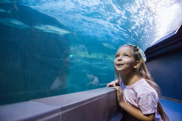 Petite fille en regardant un aquarium