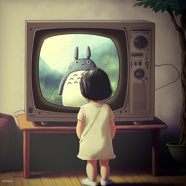 une petite fille regardant un dessin animé nostalgique