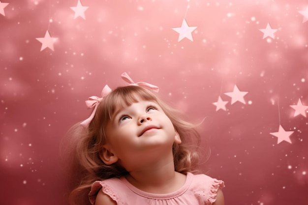 Une petite fille regardant avec des étoiles sur le mur