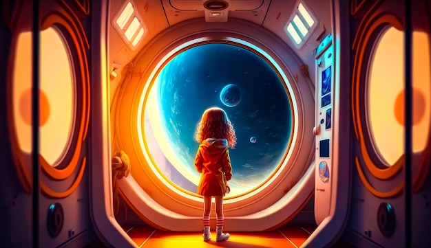 Petite fille regardant par la fenêtre de la station spatiale Generative AI