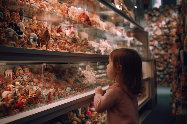 petite fille regardant le stand de jouets dans un magasin