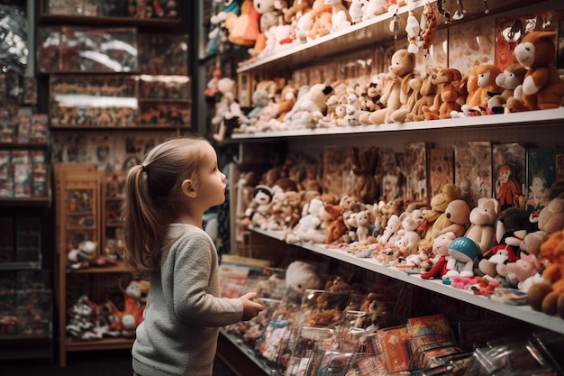 petite fille regardant le stand de jouets dans un magasin