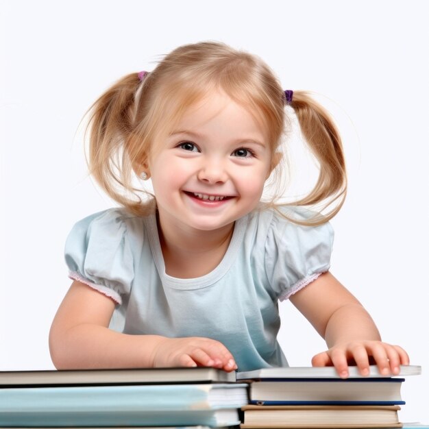 une petite fille regarde un ordinateur portable avec un livre intitulé « une « petite fille heureuse ».