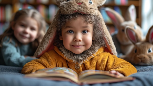 Une petite fille reposée sur le lit avec un livre