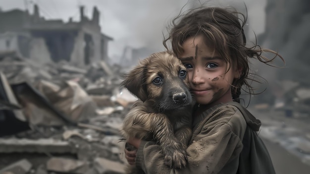 Une petite fille résiliente trouve du réconfort dans l'étreinte tendre d'un loyal chien dans la zone de guerre.