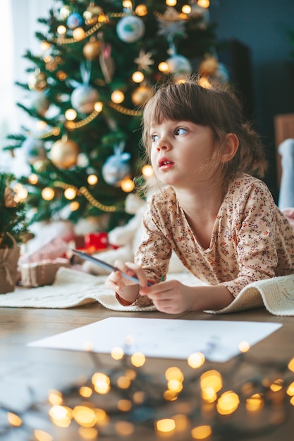 Petite fille rêvant d'écrire une lettre près de l'arbre de Noël