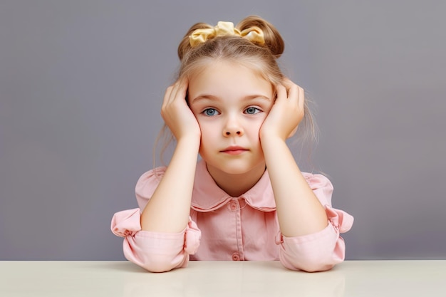 La petite fille rêve éveillée à table.