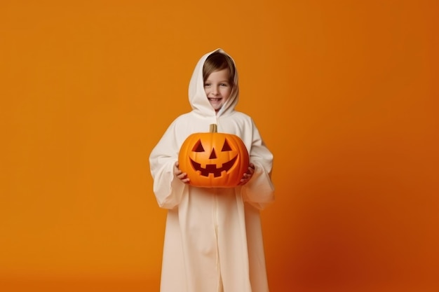 une petite fille en robe blanche tenant une citrouille.