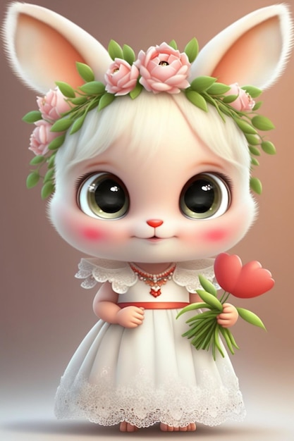 Petite fille en robe blanche tenant un coeur rouge ai génératif