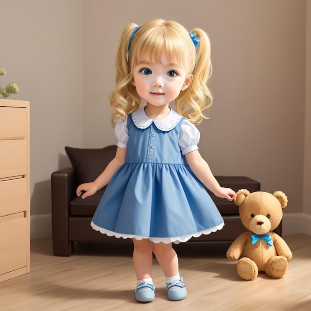 Une petite fille avec une robe bleue et un arc bleu tient un ours en peluche.