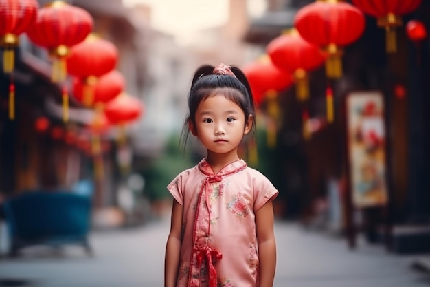 Une petite fille en robe chinoise se tient dans la rue devant des lanternes rouges