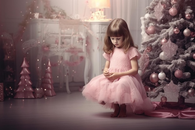 La petite fille en robe rose joue dans la pièce avec le chri rose
