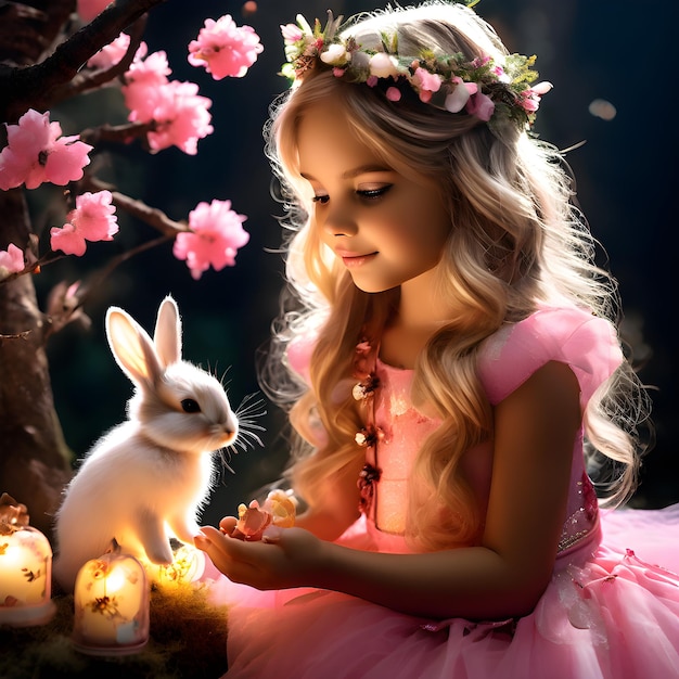 une petite fille en robe rose joue avec un lapin