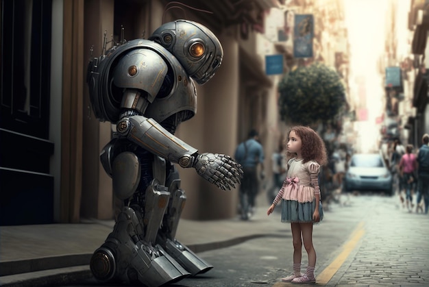 Petite fille et robot dans la ville androïde et enfant parlant sur l'IA générative de la rue