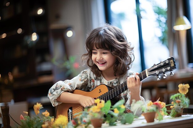 petite fille s'amusant à jouer de la guitare dans le salon